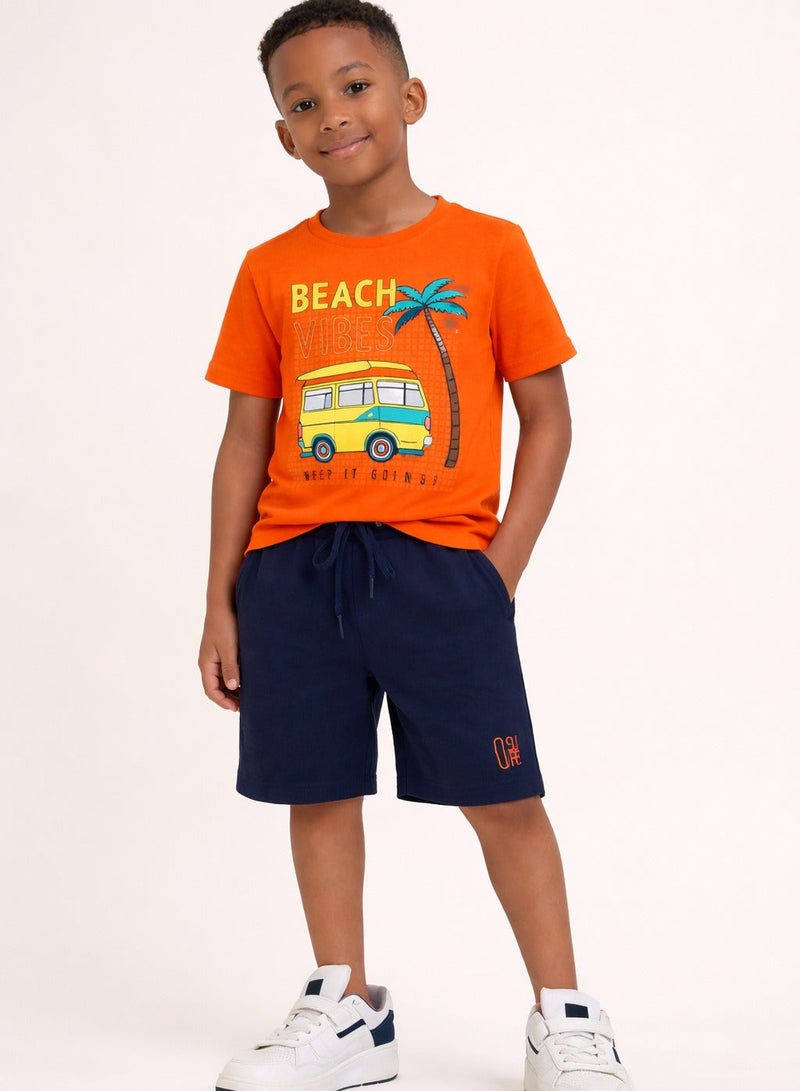 victor and jane Boys Beach Trip Printed T-Shirt & Blue Shorts Set - Image 5